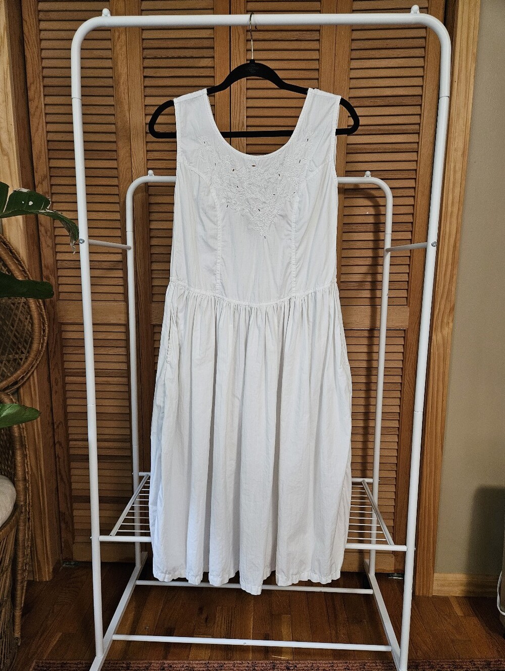 Vintage White Cotton Cottagecore Embroidered Fairy Midi Dress